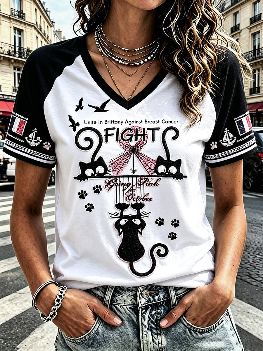 Casual V-neck T-shirt for women, cute printed with cat, breast cancer awareness Brittany, France