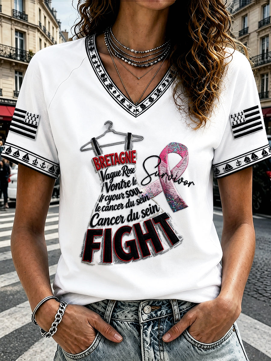 Casual white V-neck T-shirt for women, printed Breast Cancer awareness from Brittany, France