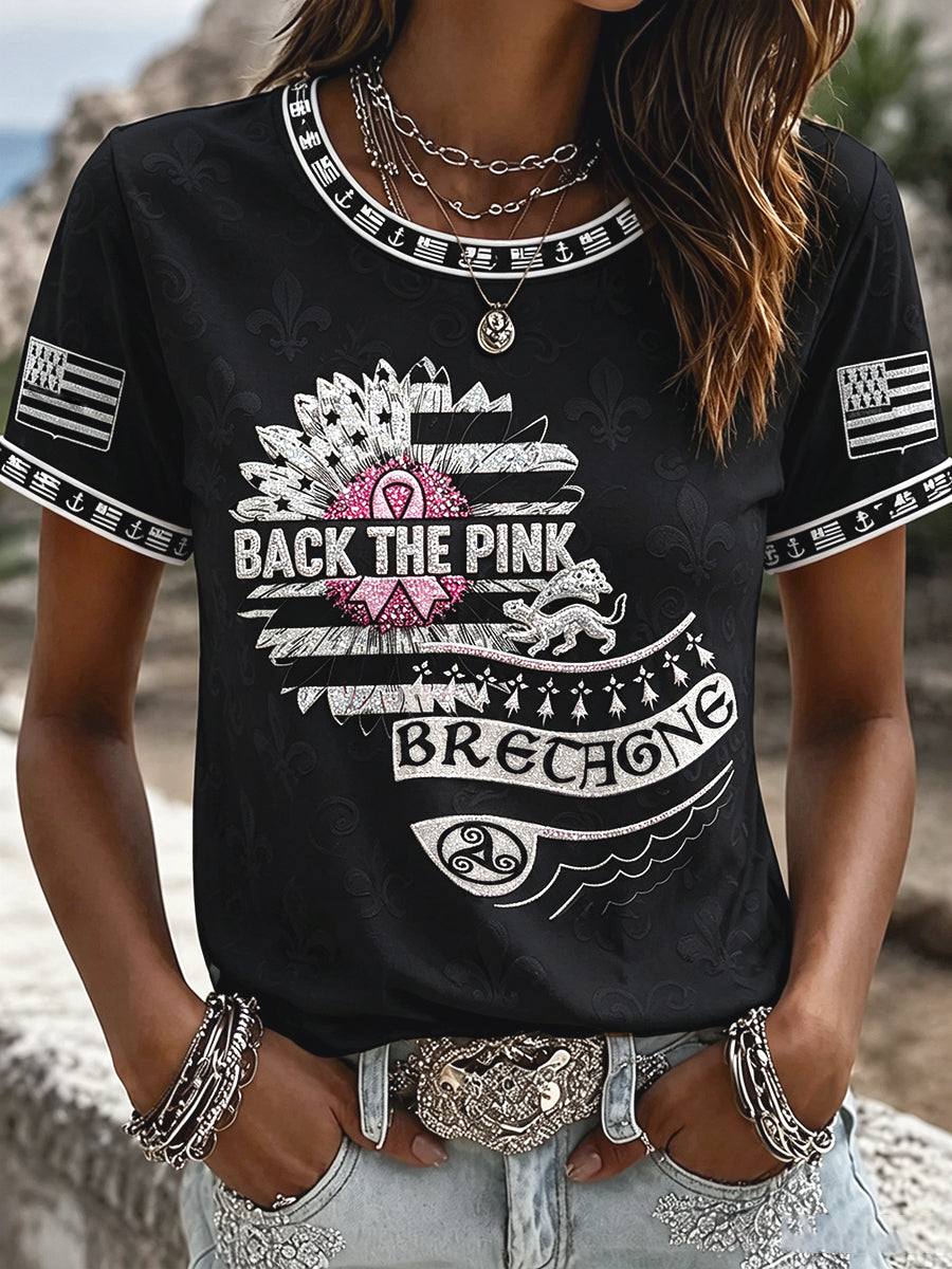 Casual Black Women's T-shirt, Breast Cancer Awareness Print, Breton Style