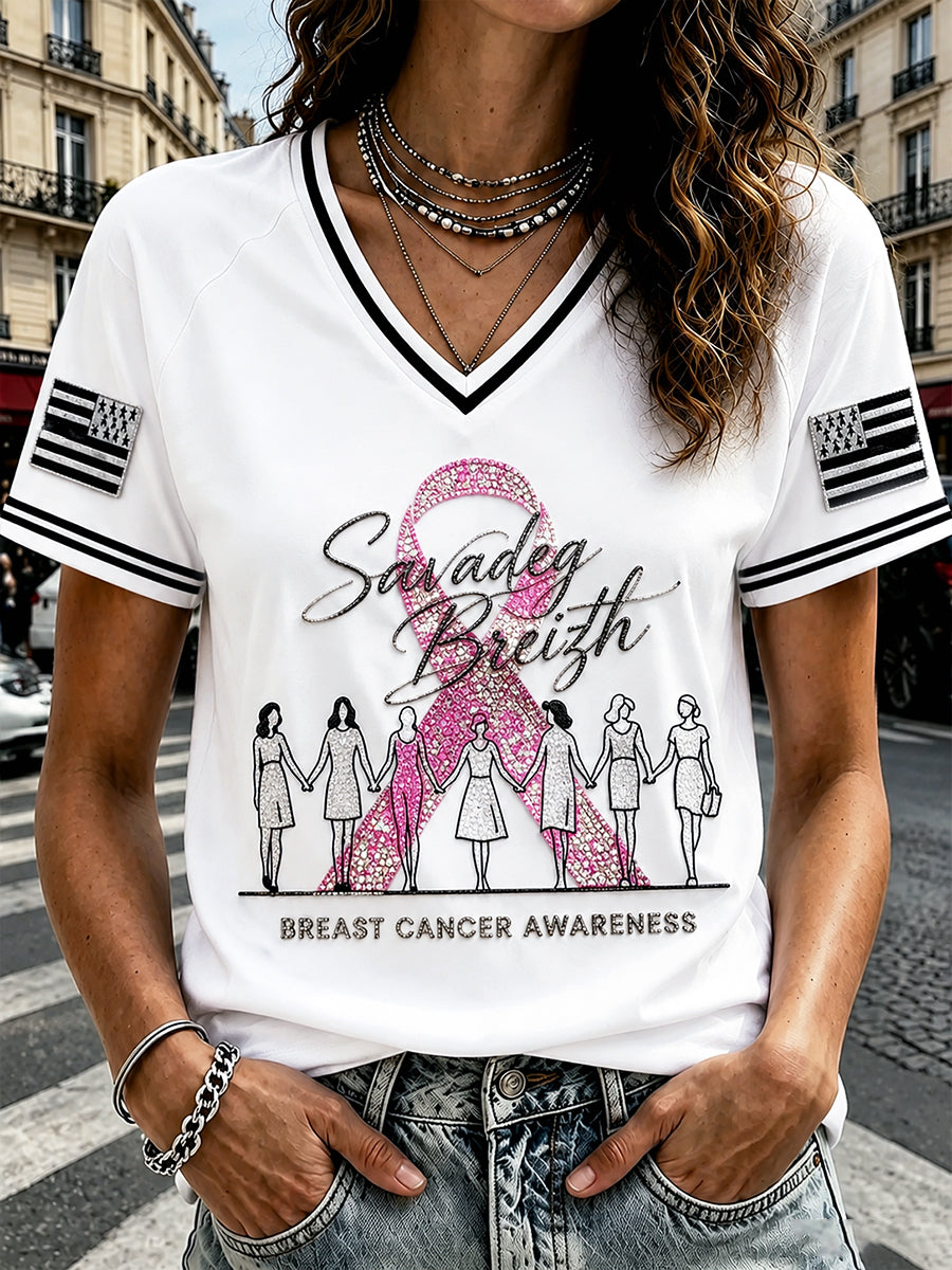 Casual V-neck T-shirt for women, Breton print on breast cancer theme
