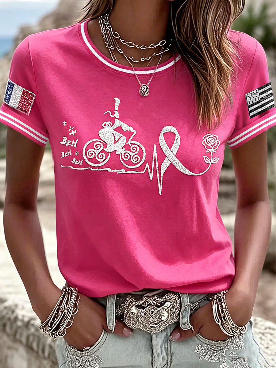 Casual Women's T-shirt, Pink, French Brittany Print, Breast Cancer Awareness