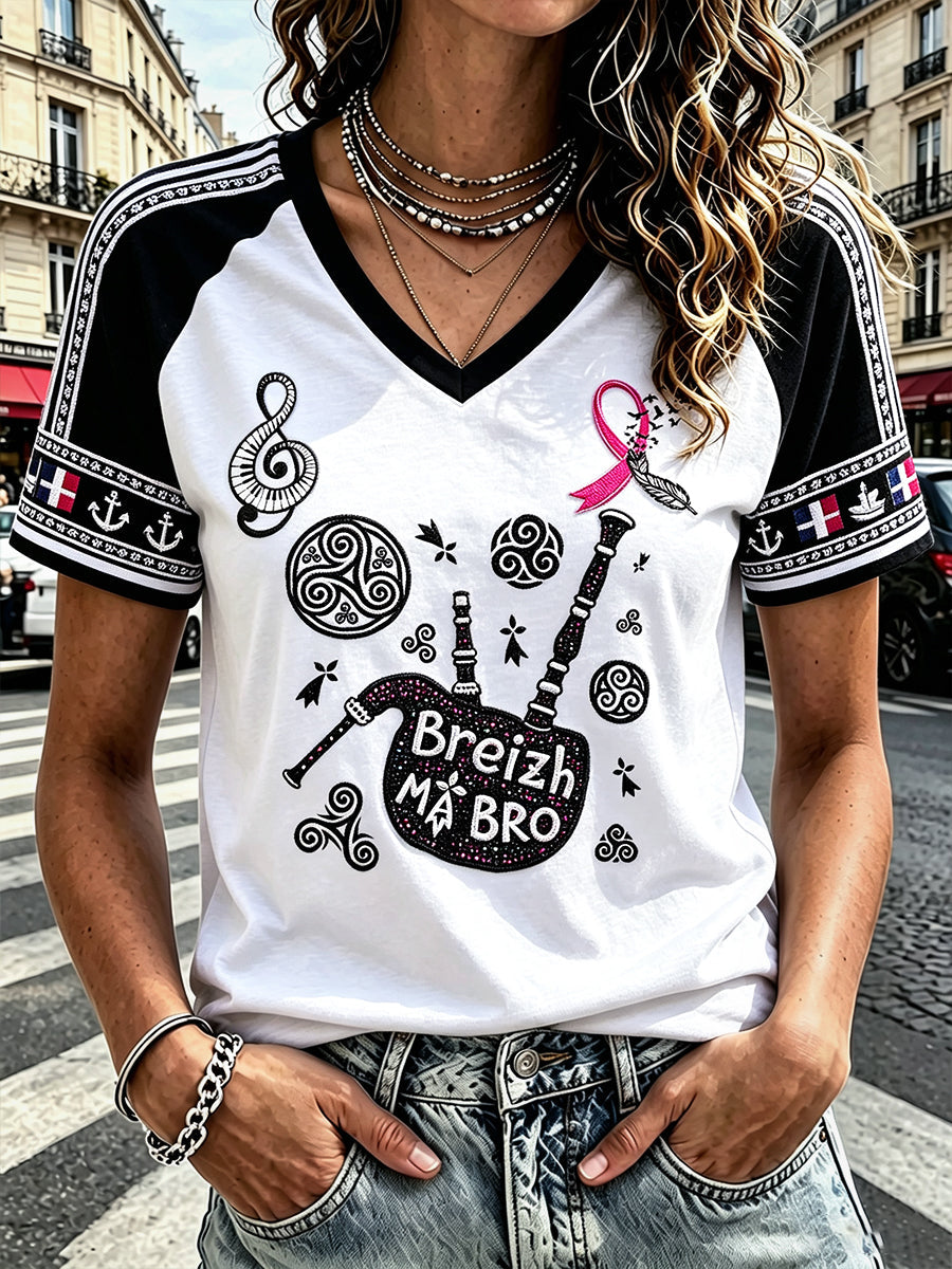 Casual Women's V-Neck T-Shirt, White, Breton Patchwork Print, Breast Cancer Pattern