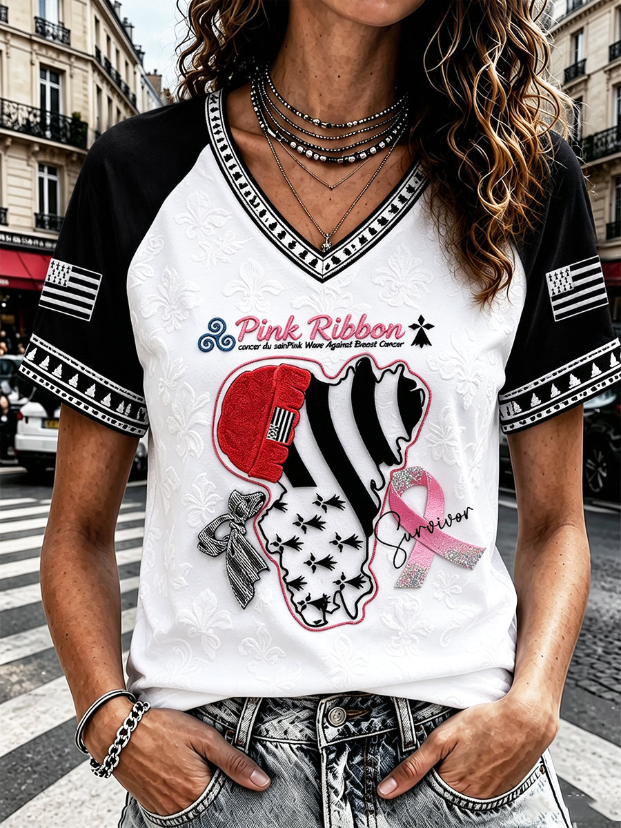 Casual Women's V-Neck T-Shirt, Red Breast Cancer Awareness Print, Brittany, France