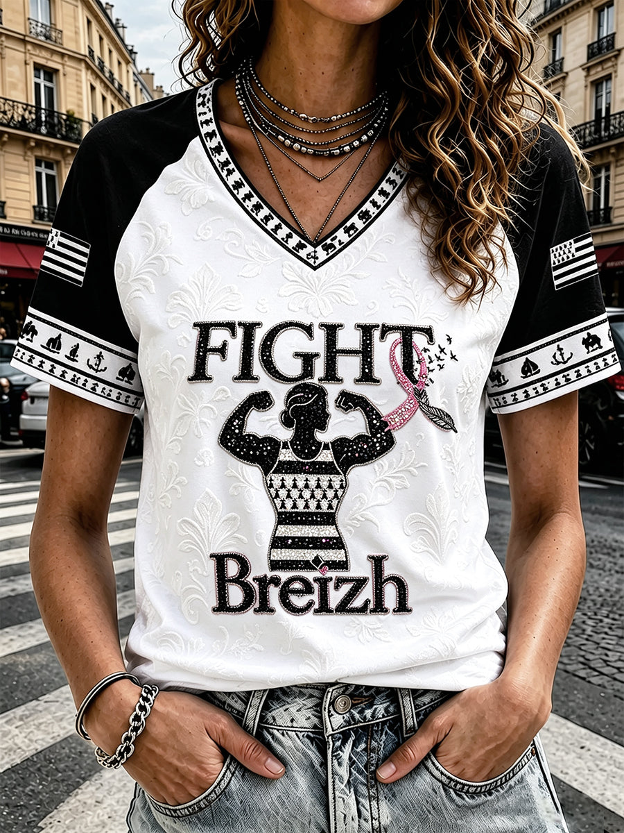 Women's Casual V-Neck T-Shirt, Patchwork Print Inspired by Brittany, France, Breast Cancer Awareness