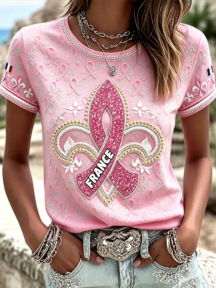 Casual 3D Printed T-Shirt with Pink French Breast Cancer Ribbon for Women