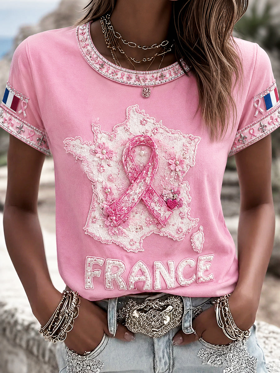 Casual Pink French Breast Cancer Ribbon Print T-Shirt for Women