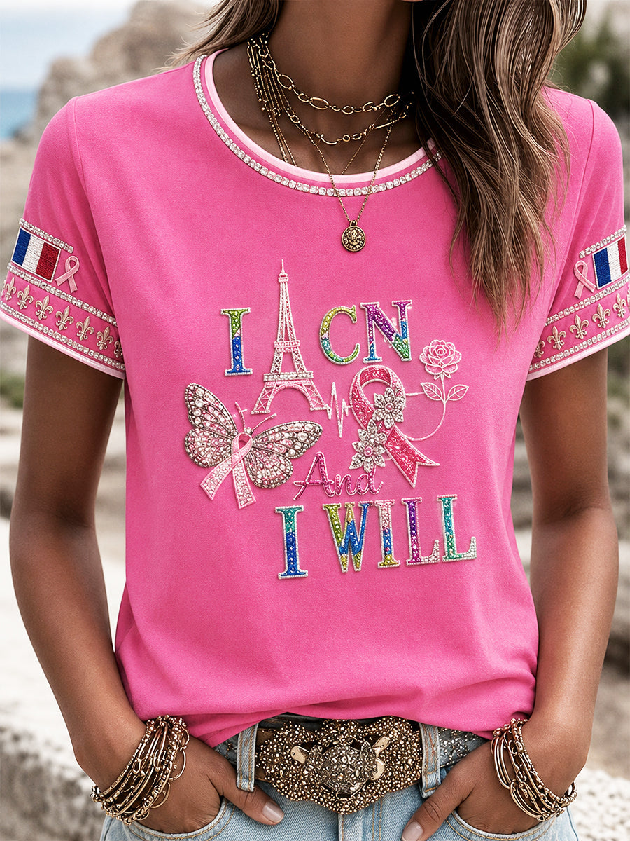 Women's Pink French Breast Cancer Eiffel Tower Print Casual T-Shirt