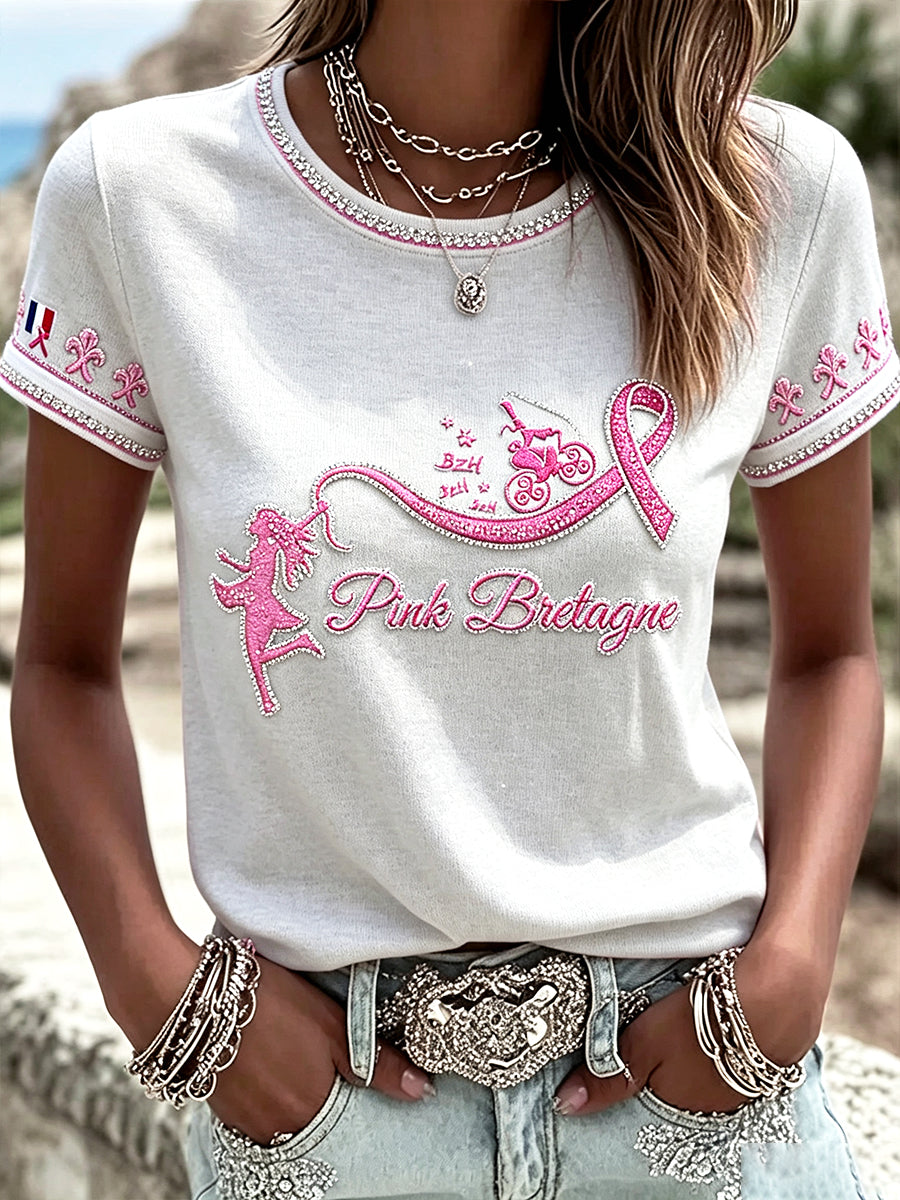Casual Women's White Breton Style T-Shirt Breast Cancer Ribbon Printed