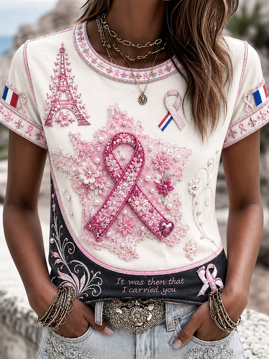 White Women’s Breast Cancer Awareness Ribbon Patchwork Print Casual T-Shirt