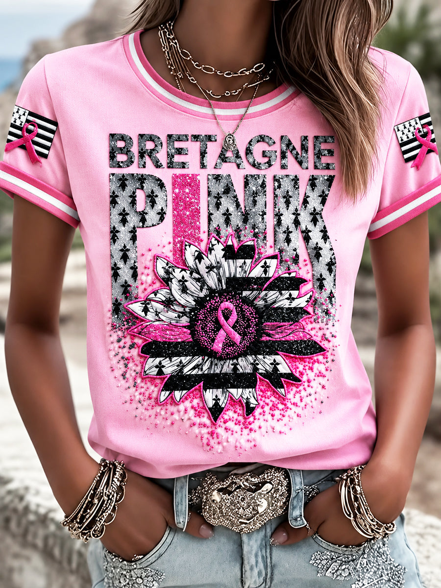 Women's Casual Pink October Print T-shirt, Breton Style, Breast Cancer Awareness