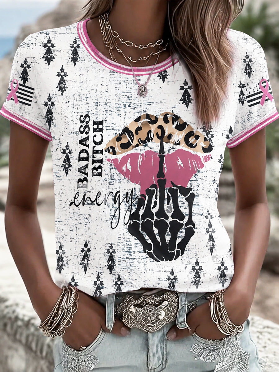 Casual Women's T-shirt White French Brittany Breast Cancer Leopard Print
