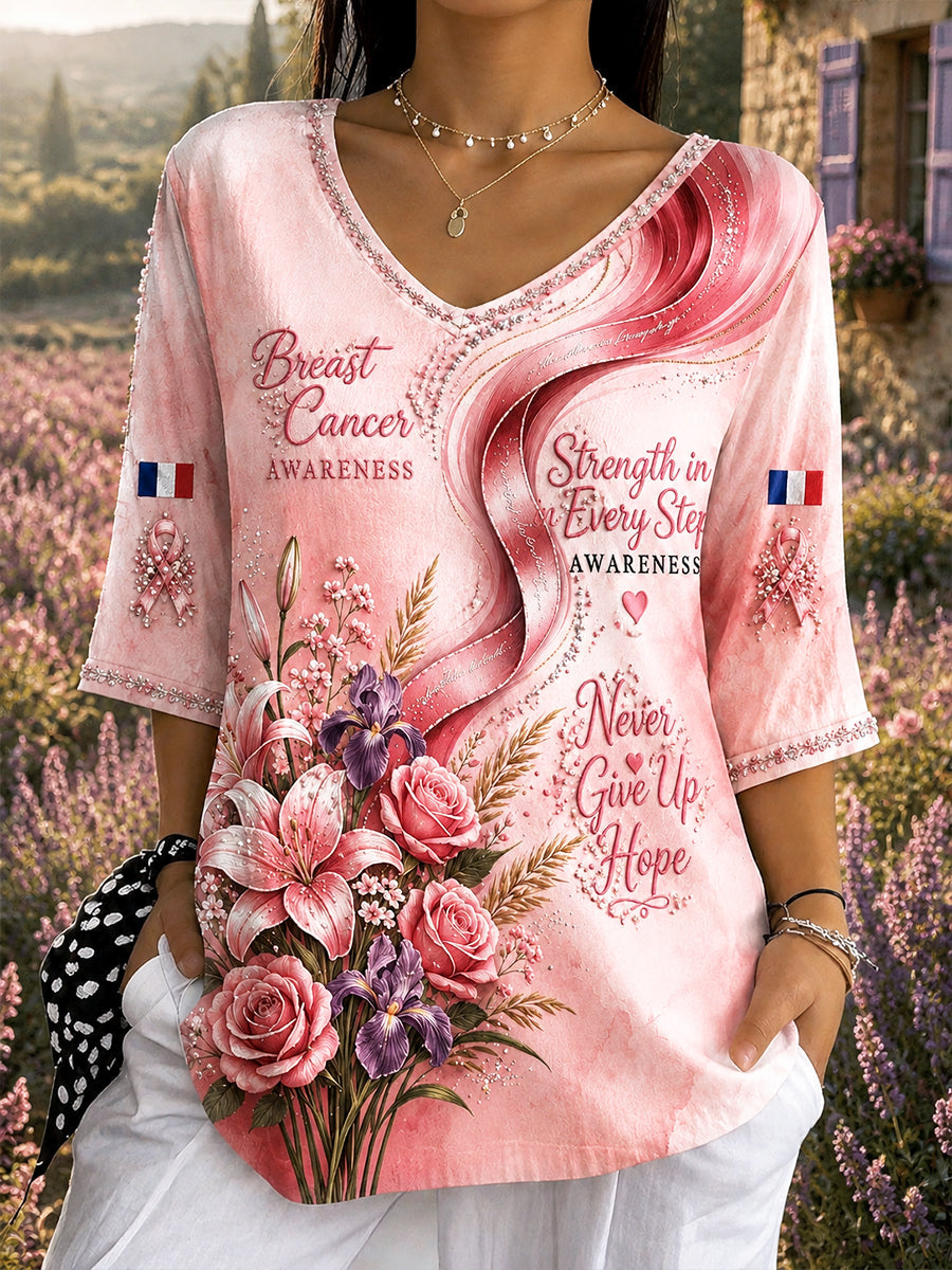 Women's Light Cotton-Linen Pink T-Shirt with French Floral Print for Breast Cancer Awareness