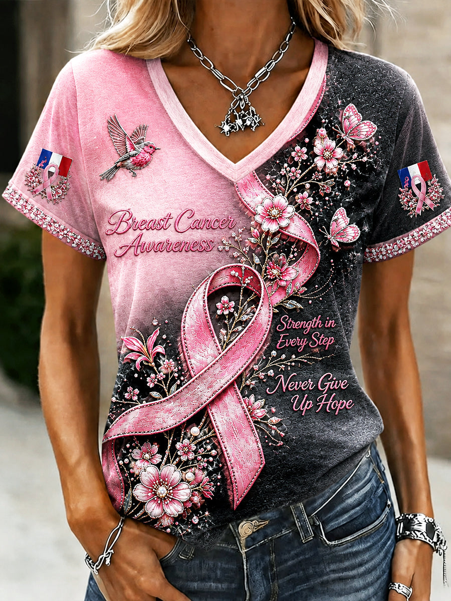 Casual Women's V-Neck T-Shirt, Gradient Floral Print for Breast Cancer Awareness