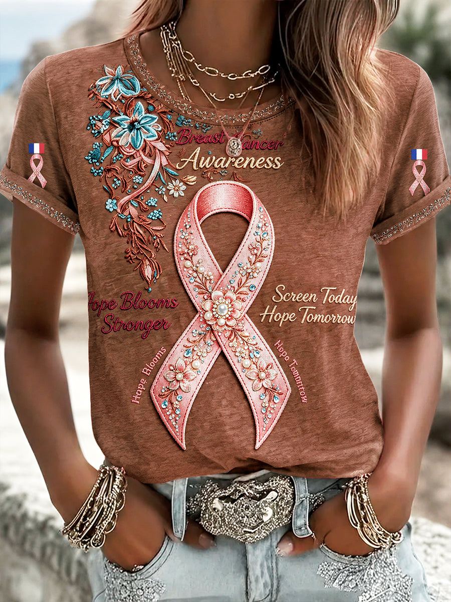 Women's Casual T-shirt, Brown, French Floral Print for Breast Cancer Awareness, October Print