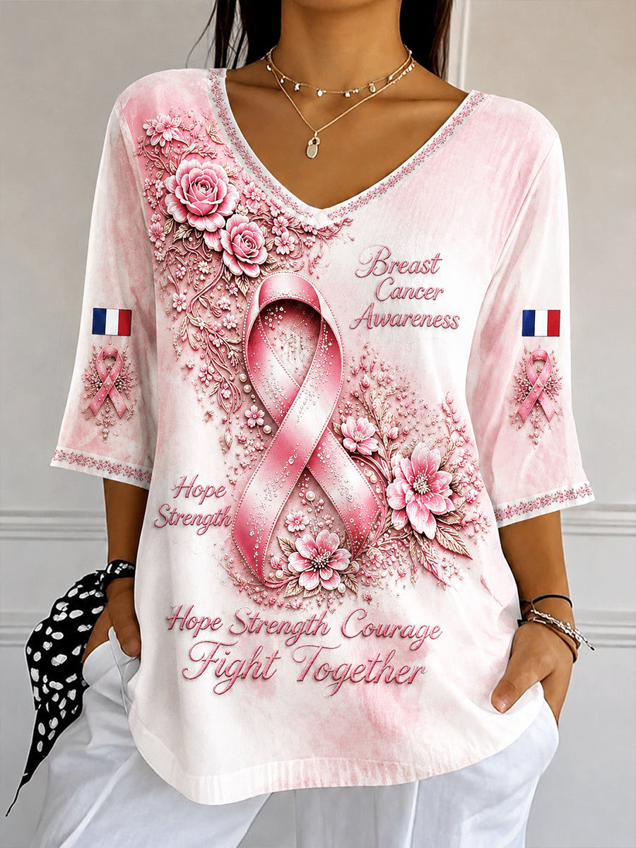 Women's Cotton-Linen T-Shirt, Casual and Trendy, with Gradient Floral Print Inspired by Breast Cancer in France