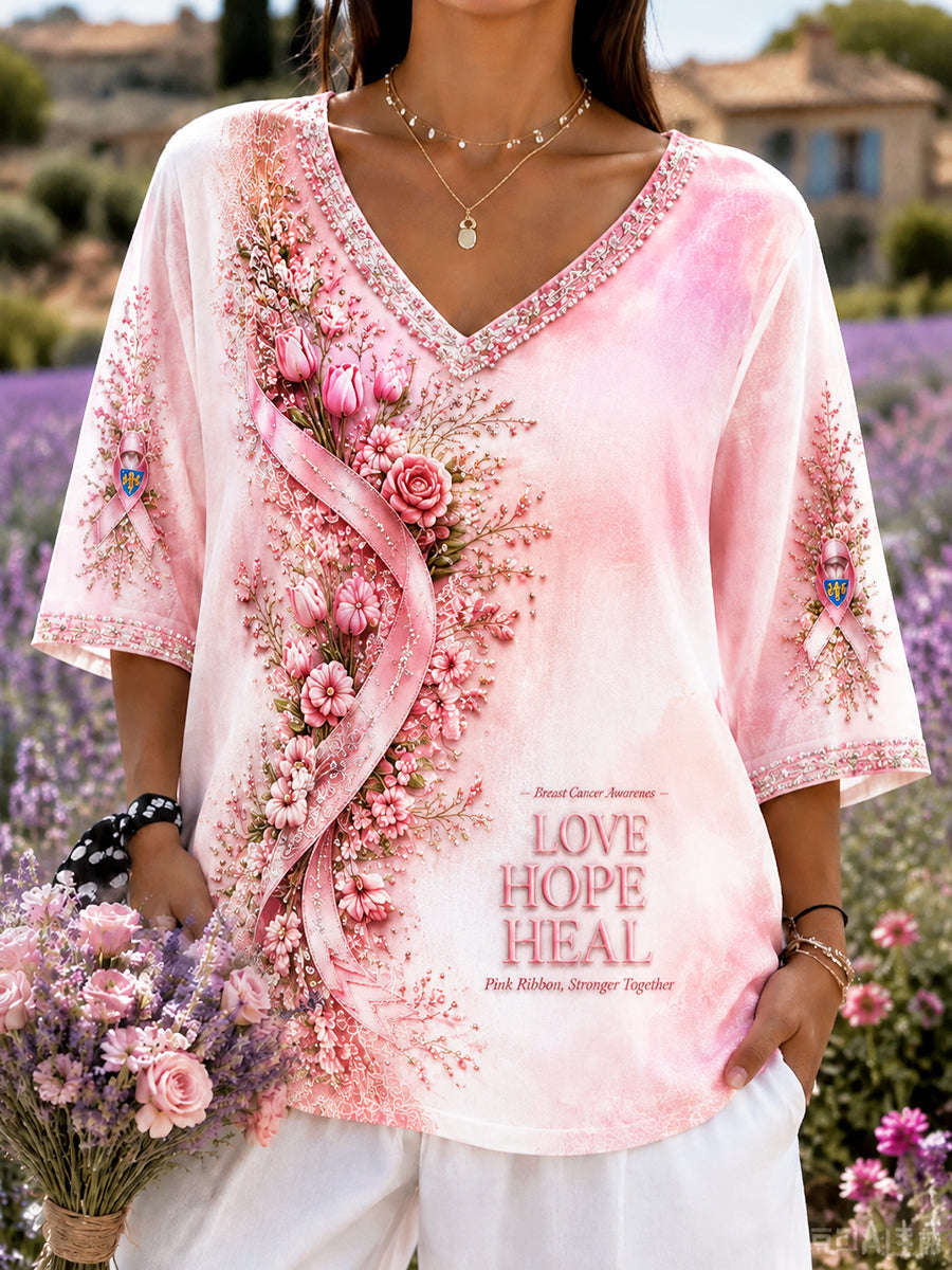 Women’s Pink French Breast Cancer Floral Print Casual Cool V-Neck T-Shirt