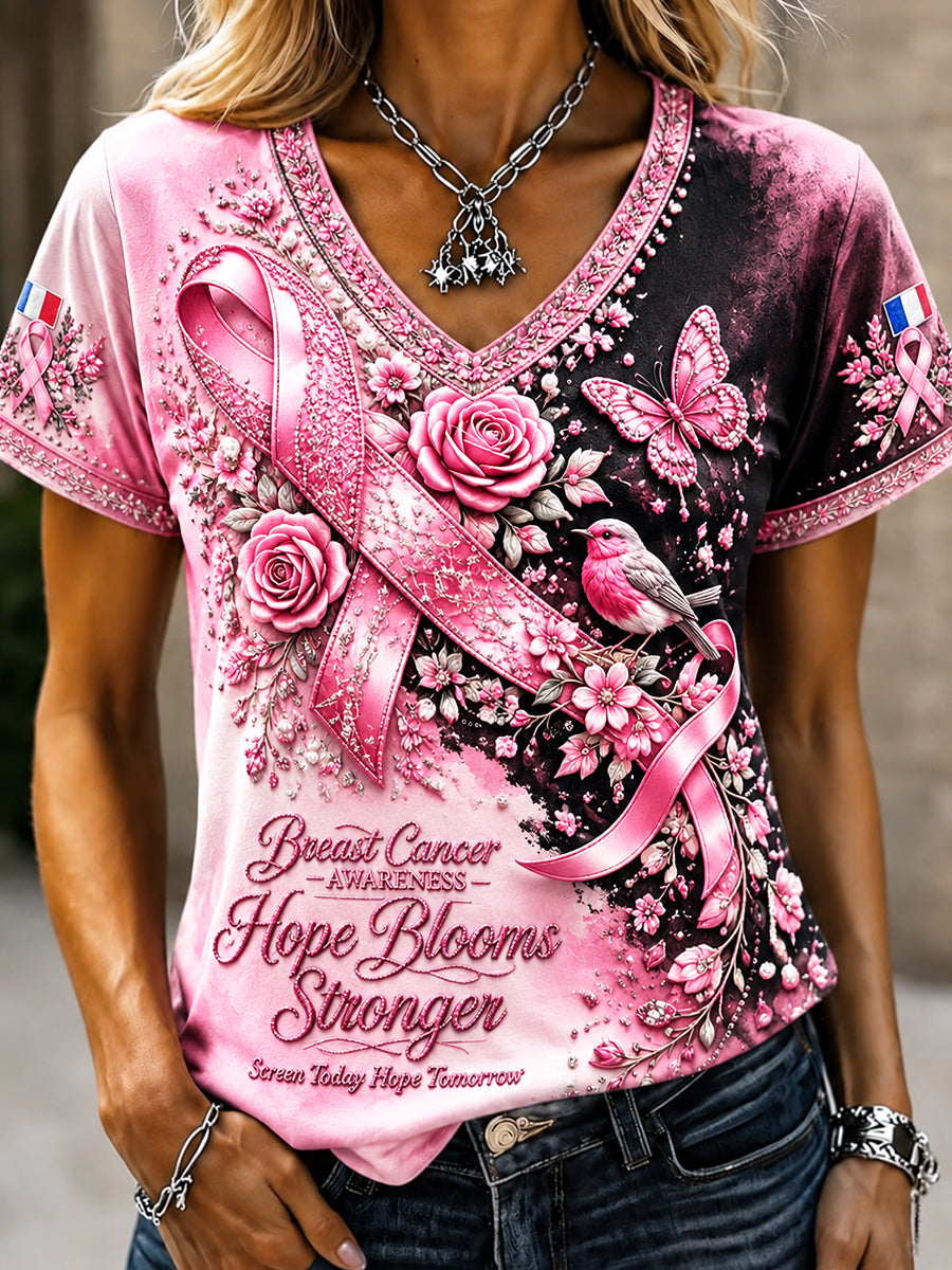 Casual V-neck Floral Print Breast Cancer Awareness T-shirt in Black and Pink for Women