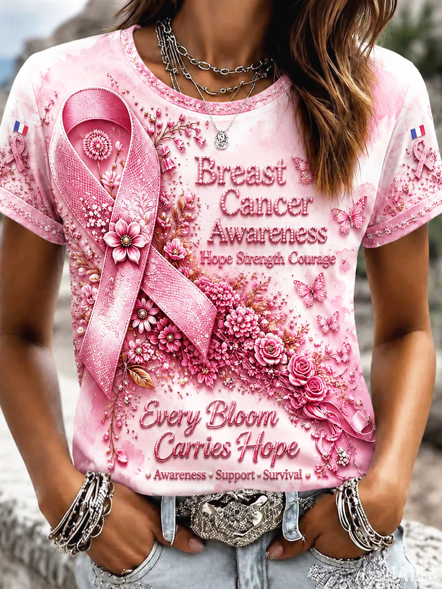Casual Women's T-shirt Pink French Breast Cancer Floral 3D-Printed