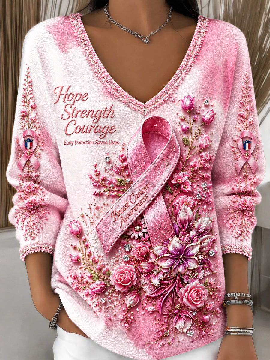 Women's French Breast Cancer Awareness Floral Rose Gradient Print Casual V-Neck Sweatshirt