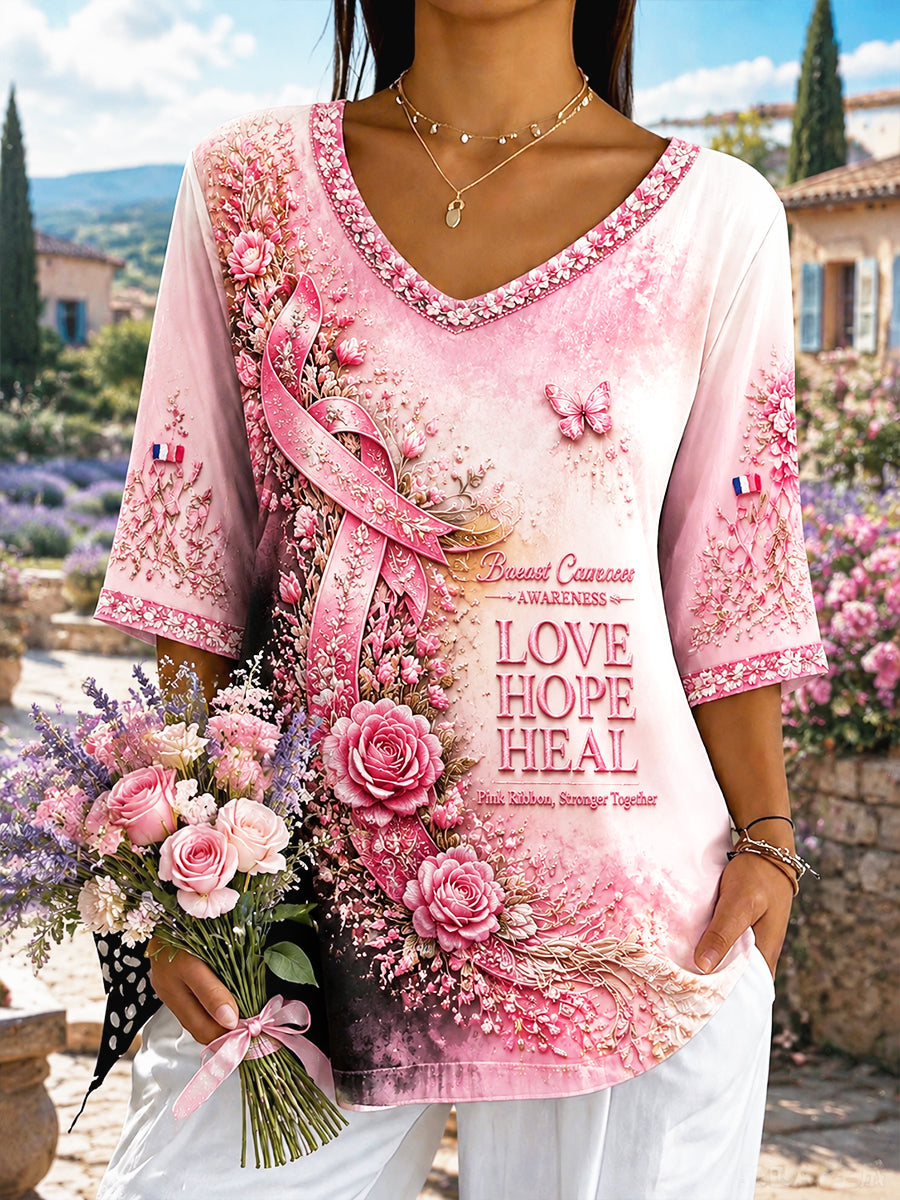 Lightweight V-Neck T-Shirt with Pink Gradient and Floral Print for Women