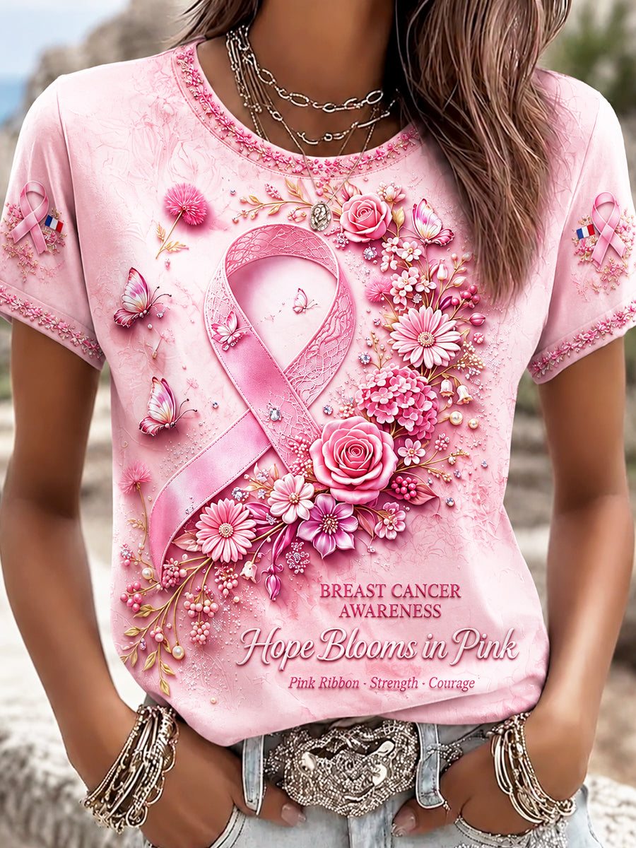 Women's Casual Pink T-shirt French Breast Cancer Floral Print