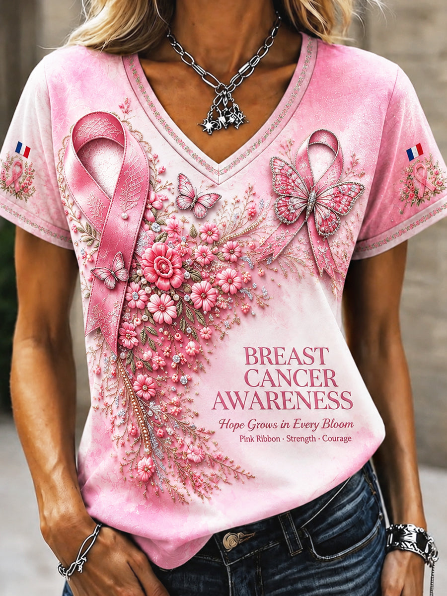 Women's Pink Gradient V-Neck T-Shirt with Floral Print, French Style