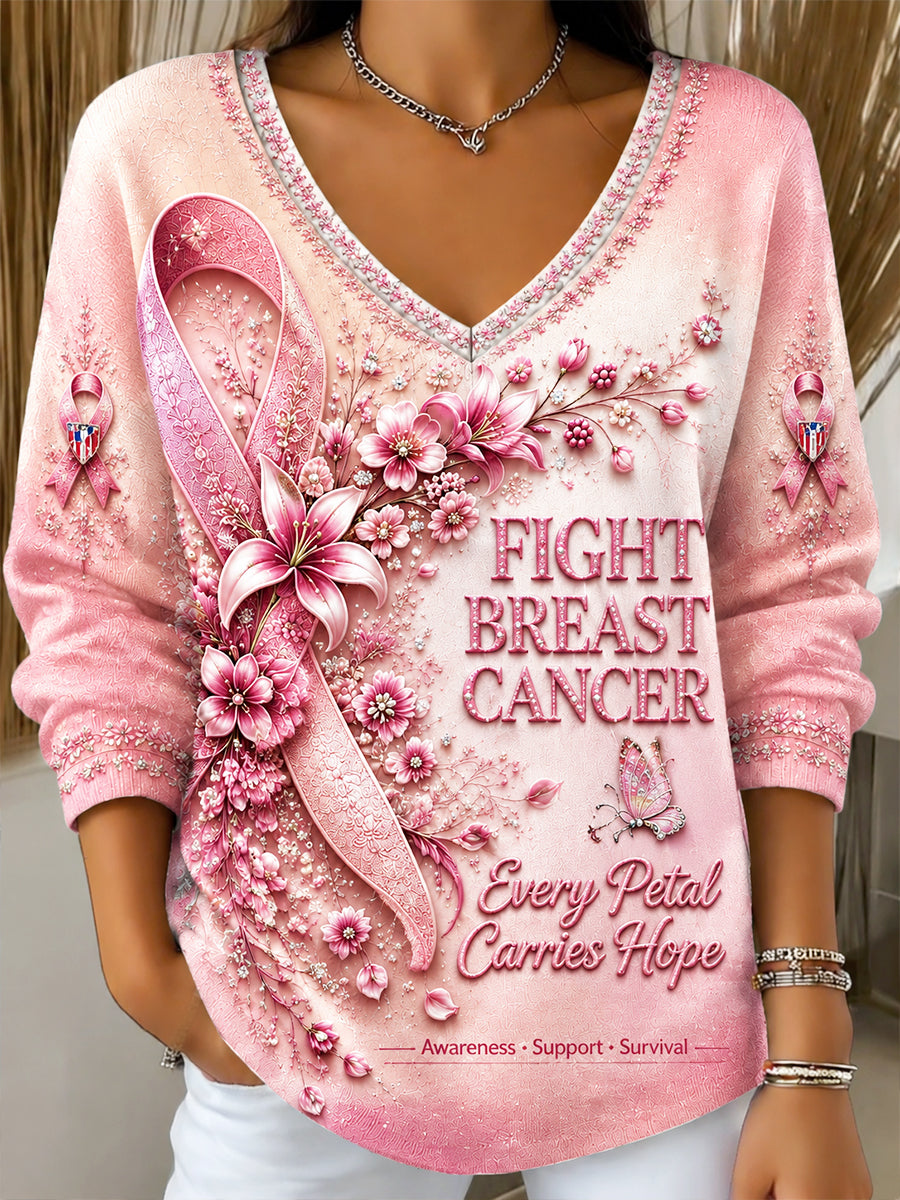 Women's Pink French Breast Cancer Floral Print Casual V-Neck Sweatshirt