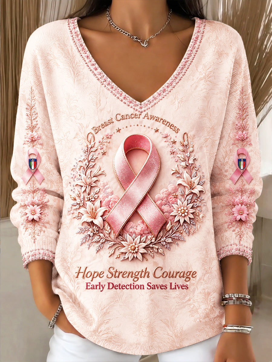 Light Pink Women’s Breast Cancer Floral Print Casual V-Neck Sweatshirt