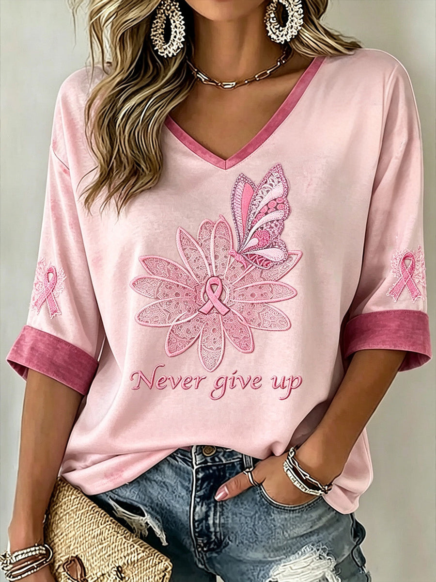 Casual Mid-Length T-Shirt with Sleeves and V-Neck, Breast Cancer Theme for Women