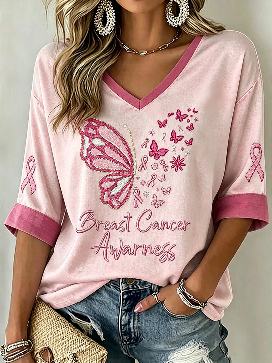 Casual Mid-Length Sleeve T-Shirt for Women, Breast Cancer Theme