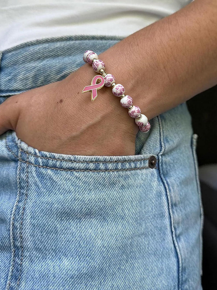 Women's Breast Cancer Bracelet in Blue and White Porcelain with Pink Ribbon