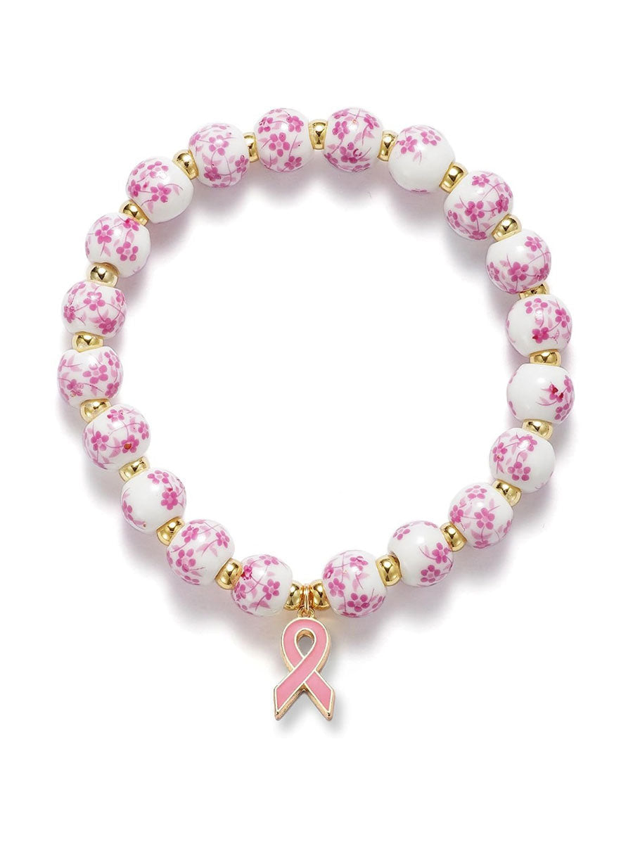 Women's Breast Cancer Bracelet in Blue and White Porcelain with Pink Ribbon