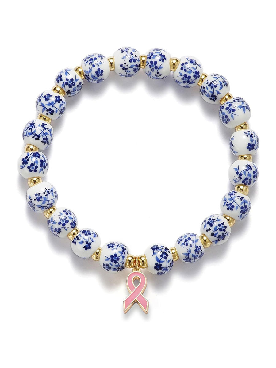Women's Breast Cancer Bracelet in Blue and White Porcelain with Pink Ribbon