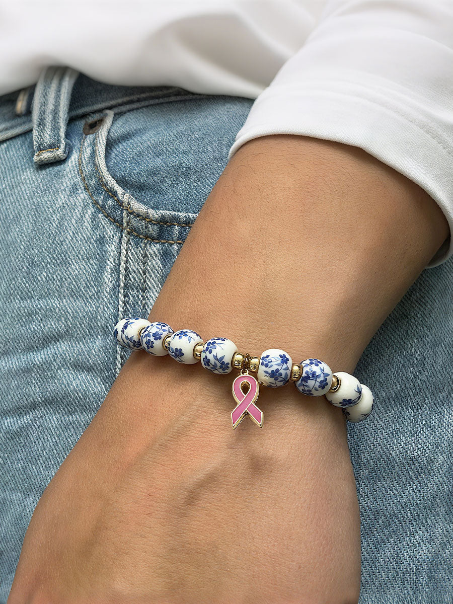 Women's Breast Cancer Bracelet in Blue and White Porcelain with Pink Ribbon