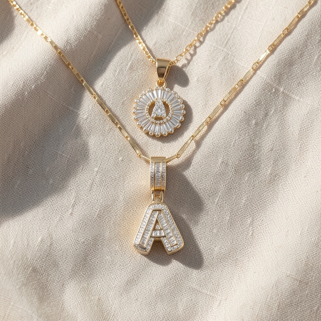 Pave Letter Initial Necklace Set | Gold