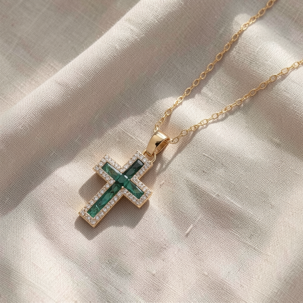 Emerald Cross Pendant Gold Necklace