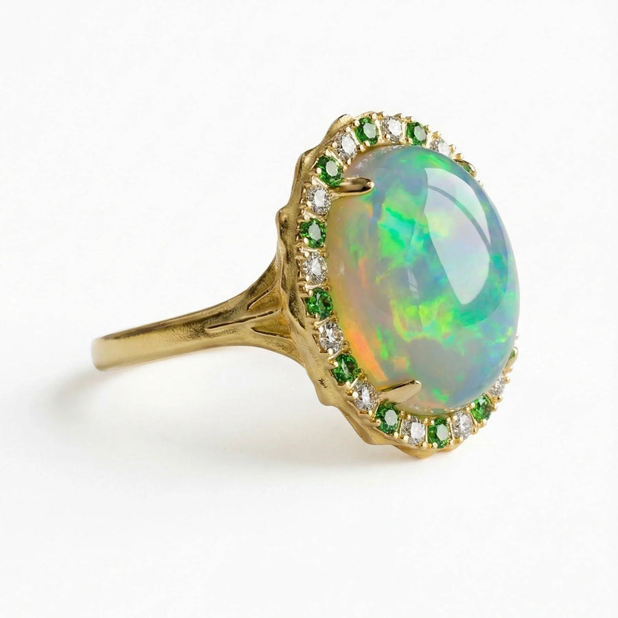 Solid Gold Welo Opal & Tsavorite Organic Ring
