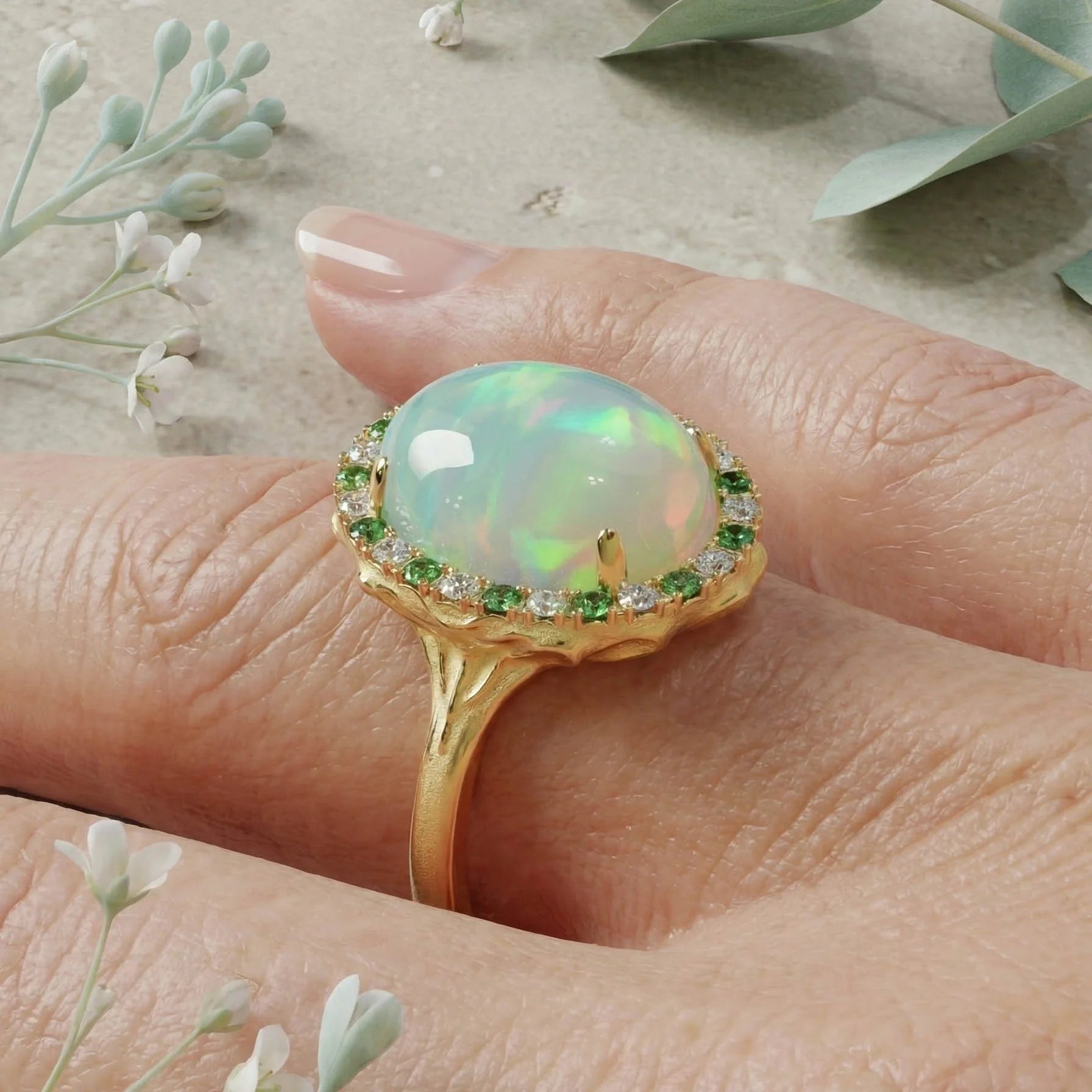 Solid Gold Welo Opal & Tsavorite Organic Ring