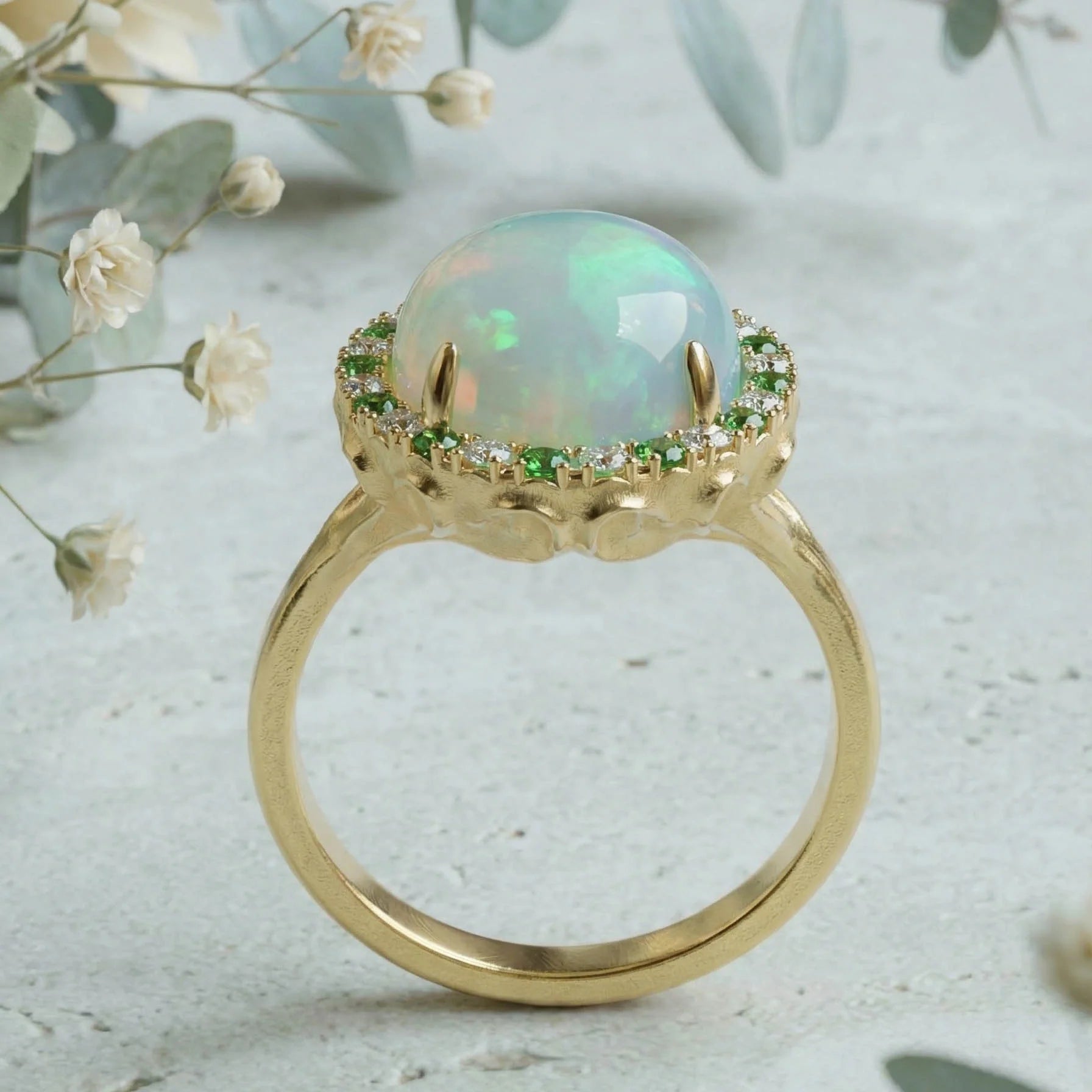 Solid Gold Welo Opal & Tsavorite Organic Ring