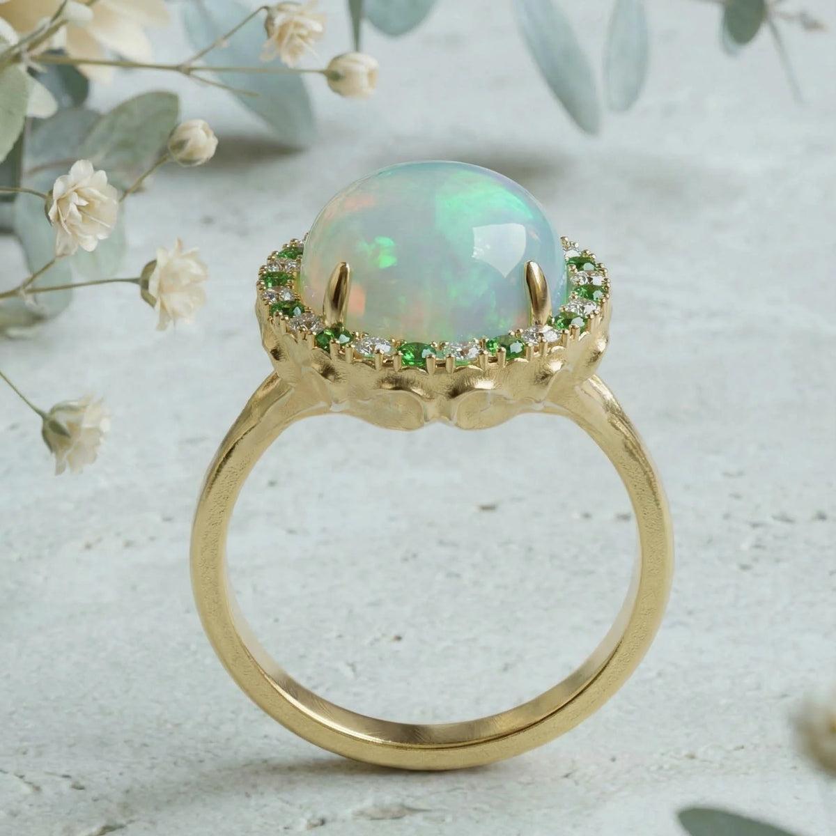 Solid Gold Welo Opal & Tsavorite Organic Ring